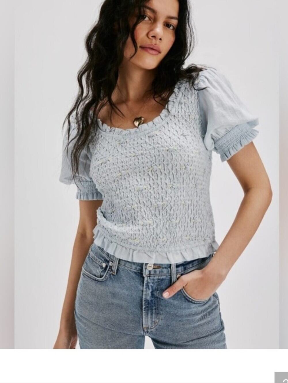 Free People Smocked Cecelia Top in Ballad Blue Size Xs
